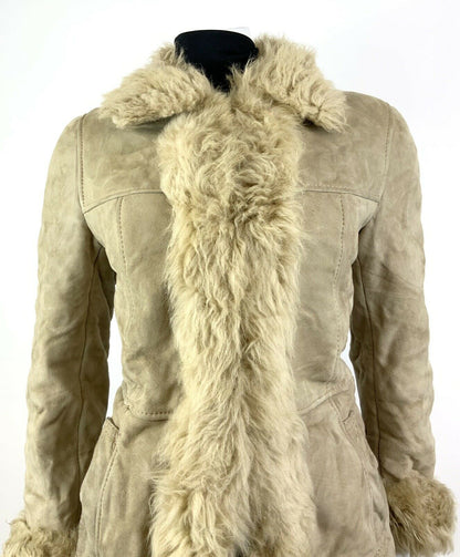 VTG 60s 70s CREAM IVORY SUEDE LEATHER SHEARLING BOHO FOLK PENNY LANE COAT 12 14