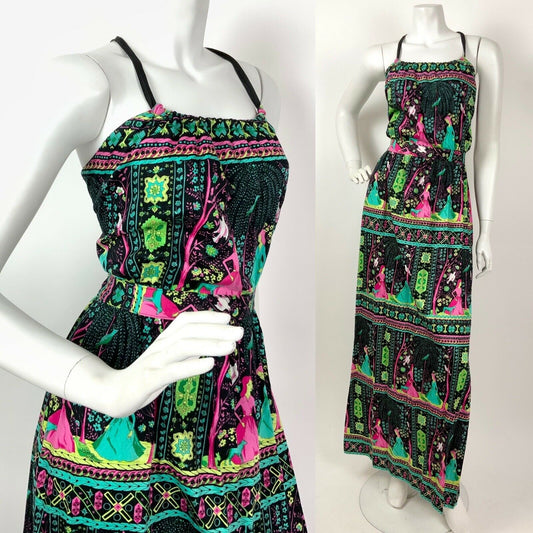 VTG 60s 70s BLACK GREEN PINK PSYCHEDELIC BIRD WOMAN FLORAL STRAPPY MAXI DRESS 8