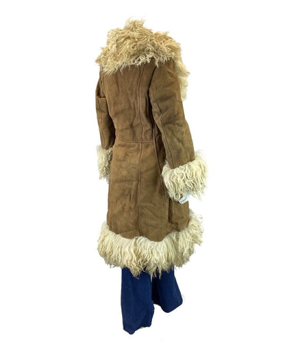 VINTAGE 60s 70s BROWN CREAM BOHO SUEDE SHEEPSKIN SHEARLING LONG COAT 10