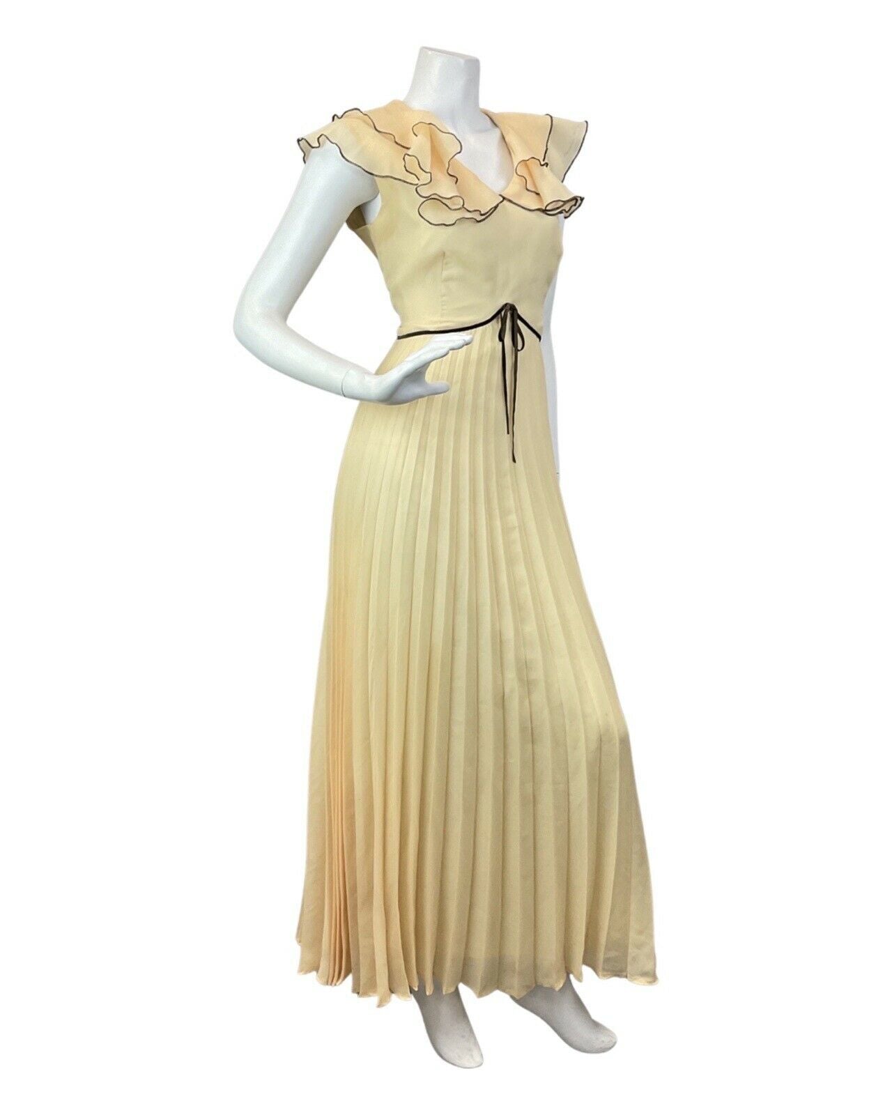 VINTAGE 60s 70s CREAM YELLOW BROWN RUFFLED PLEATED MAXI DRESS 10