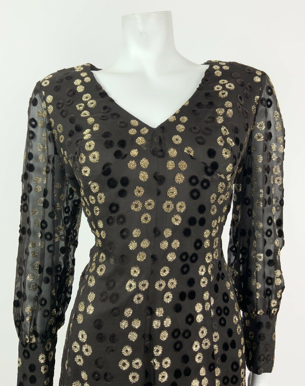 VINTAGE 60s 70s BROWN GOLD GLITTER VELVET POLKA DOT SHEER GLAM PARTY DRESS 14 16