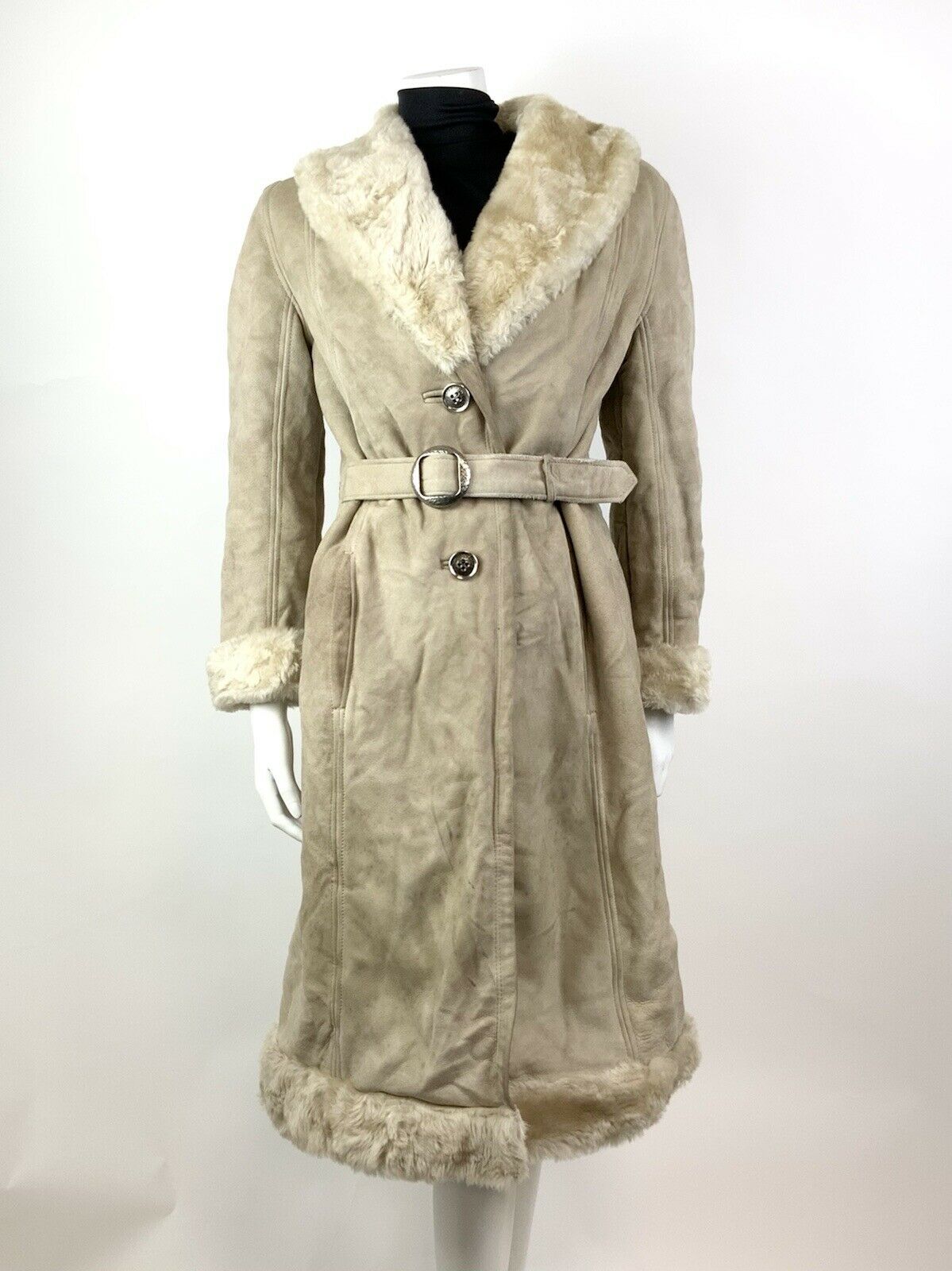 VINTAGE 60s 70s CREAM SUEDE LEATHER SHEARLING BELTED BOHO PRINCESS COAT 10 12