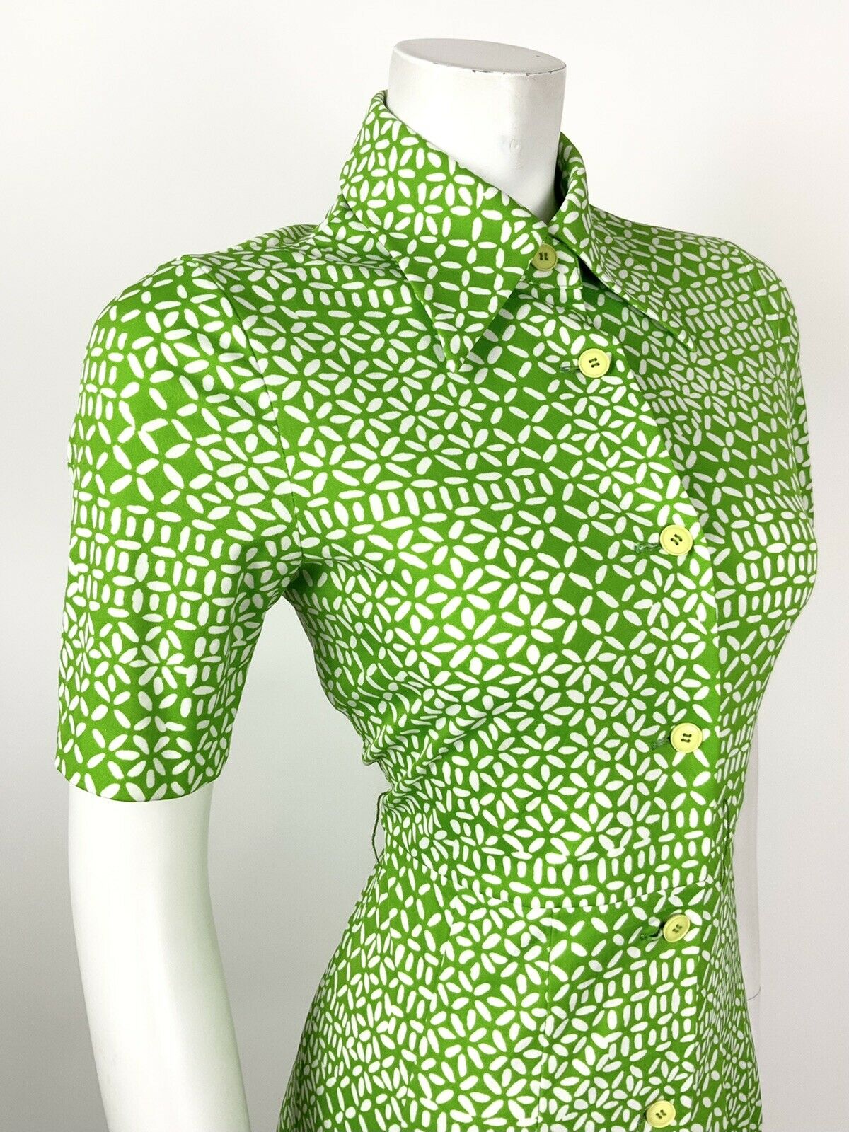 VINTAGE 60s 70s APPLE LIME GREEN WHITE DASH CROSS HATCH DAGGER SHIRT DRESS 10 12