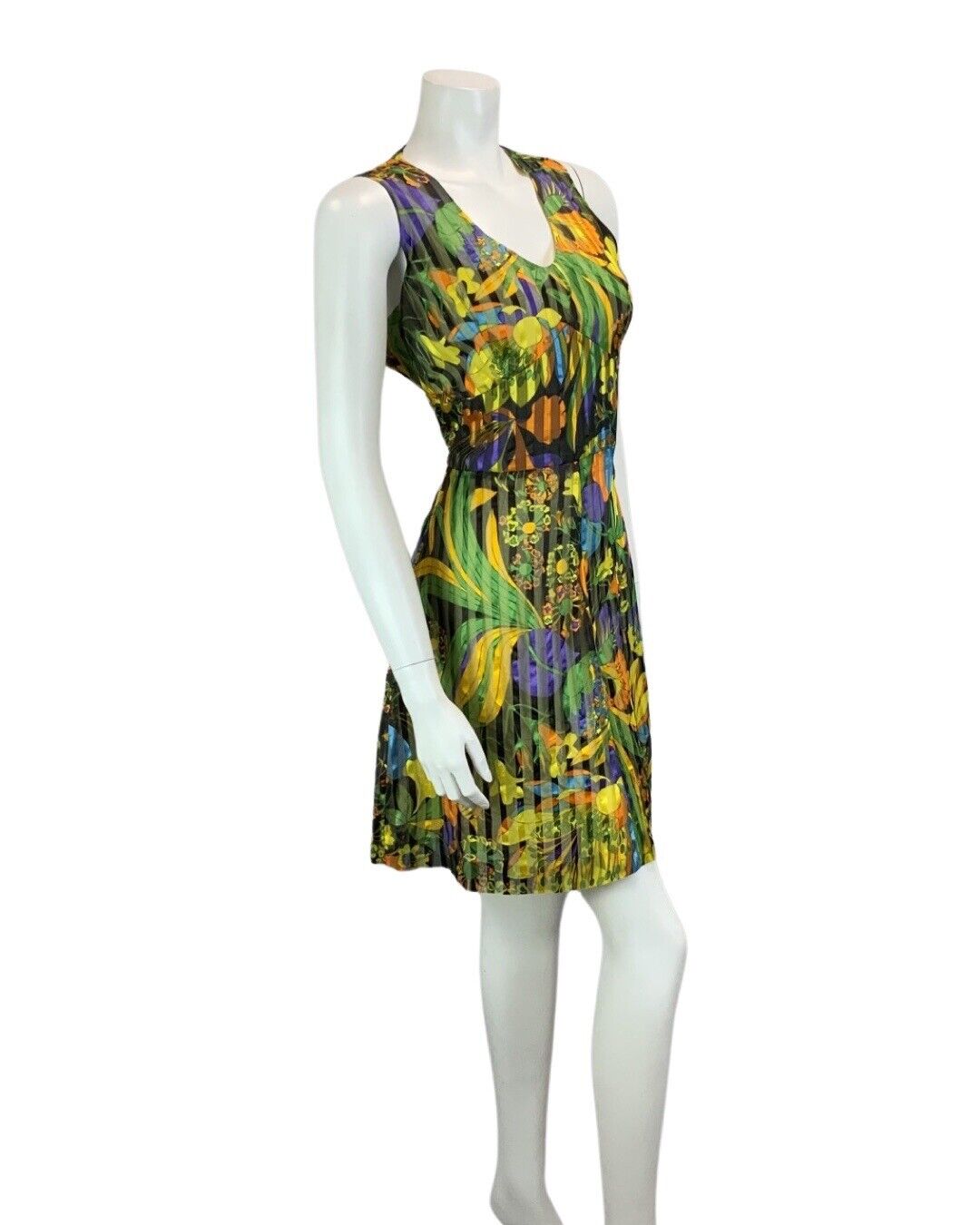 VINTAGE 60s 70s YELLOW GREEN ORANGE FLORAL PRINT MINI DRESS 12