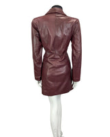 VINTAGE 60s 70s DARK PLUM BIG COLLAR LEATHER MOD TRENCH JACKET 14 16