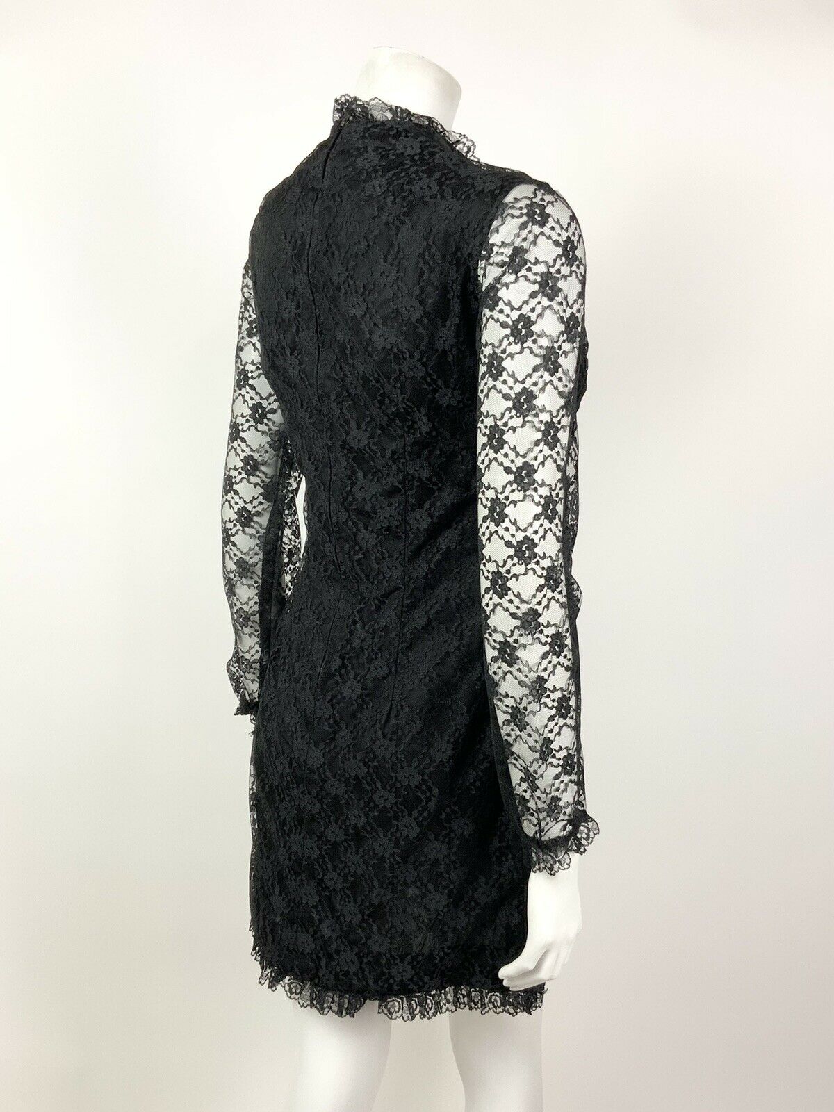 VINTAGE 60s 70s MOD BLACK FLORAL LACE RUFFLE COVEN GYPSY SHORT DRESS 8