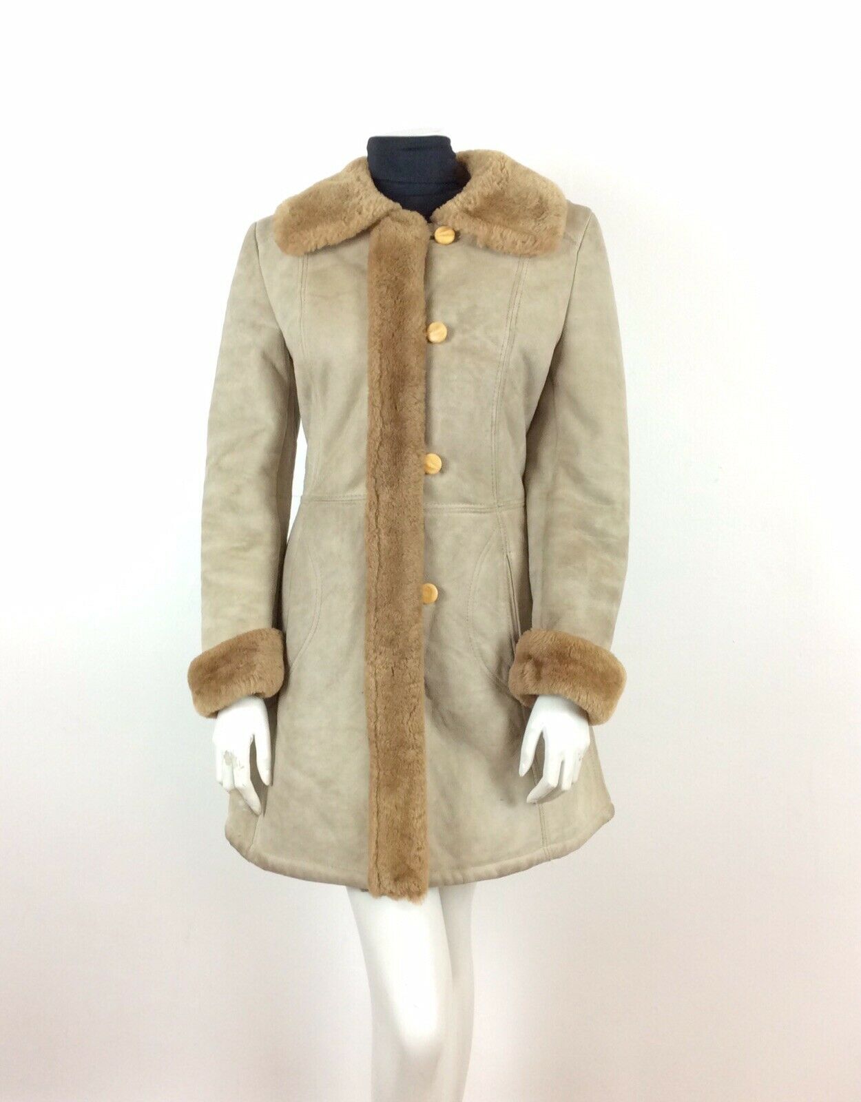 GENUINE VINTAGE 70s SHEARLING SHEEPSKIN CREAM BEIGE COAT FUR TRIM 12 14 16