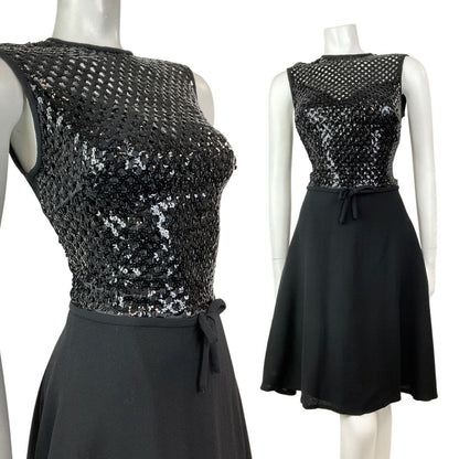 VINTAGE 60s 70s BLACK SEQUIN DISCO GLAM PARTY SLEEVELESS MOD SWING DRESS 10