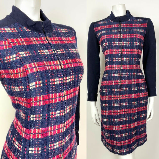 VINTAGE 60s 70s NAVY BLUE RED WHITE PLAID STRIPED MOD WOOL DRESS 8 10