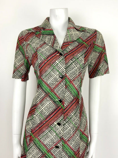 VTG 60s 70s WHITE BLACK RED GREEN GEOMETRIC CHECKERED TARTAN SHIRT DRESS 10 12