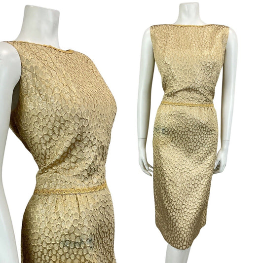 VINTAGE 60s 70s GOLD TEXTURED MOD MINI DISCO PARTY CHRISTMAS EVENING DRESS 12