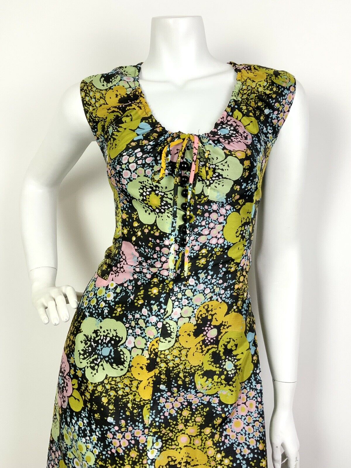 VINTAGE 60s 70s BLACK YELLOW PINK BLUE PSYCHEDELIC FLORAL DOTTY MAXI DRESS 12