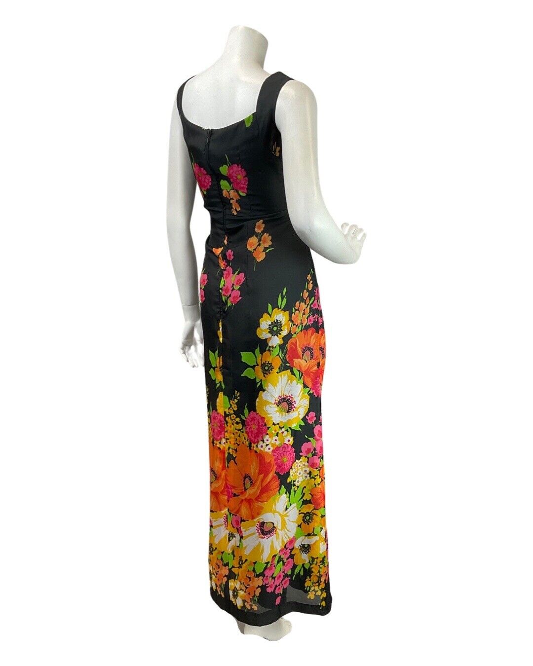 VINTAGE 70s BLACK PINK GREEN FLORAL POPPY SWEETHEART SLEEVELESS MAXI DRESS 10 12