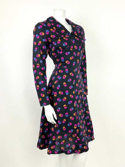 VINTAGE 60s 70s BLACK PINK ORANGE BLUE GEOMETRIC HIPPY DAGGER COLLAR DRESS 8 10