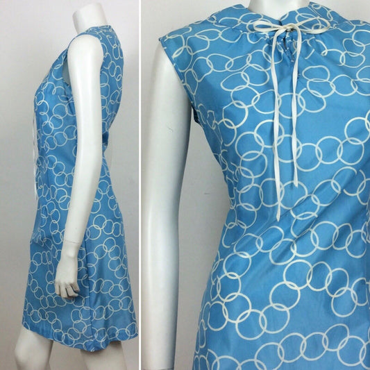 60S VINTAGE BLUE WHITE CIRCLE HOOP PRINT VINTAGE DRESS 10 12