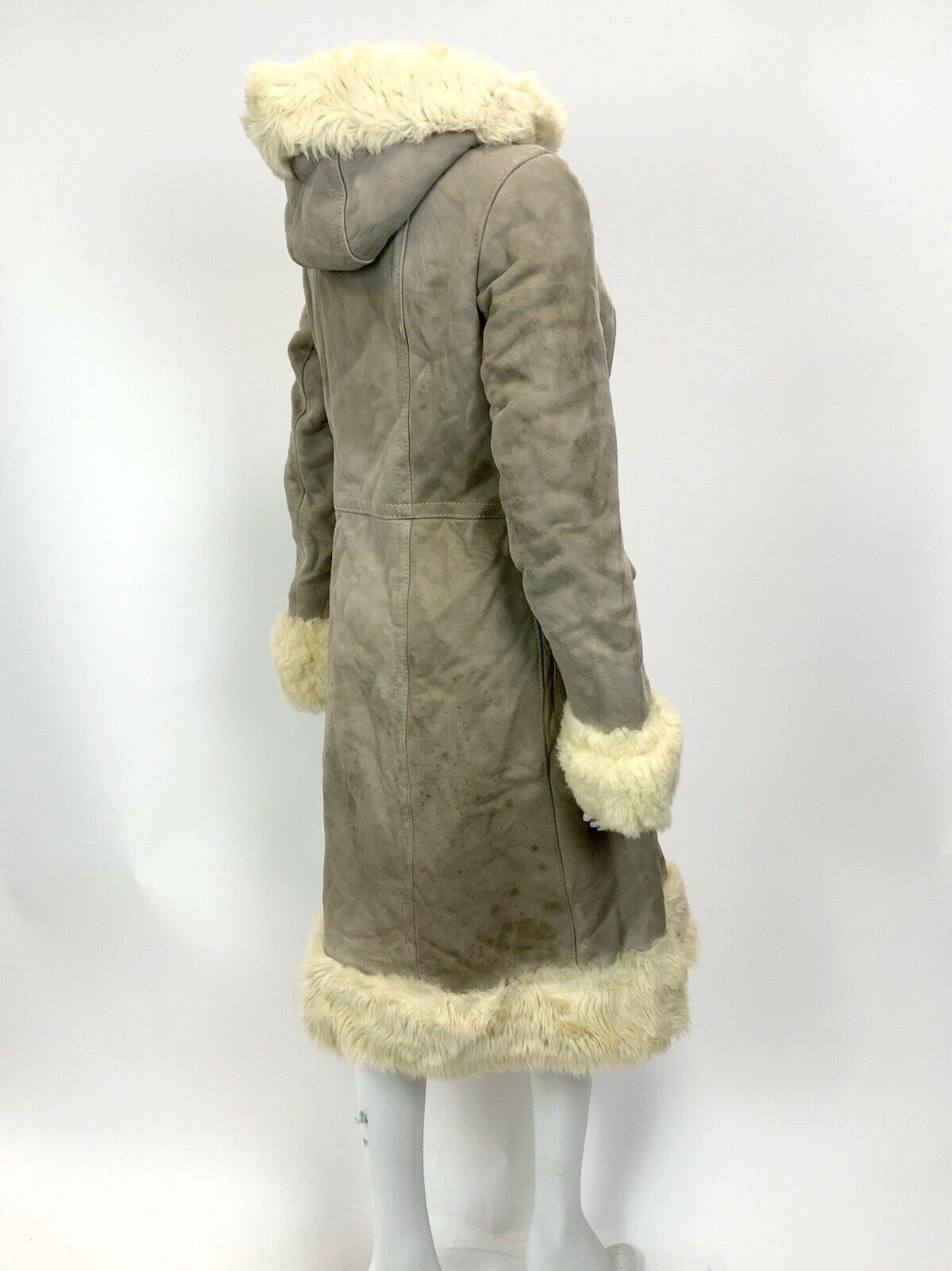 VTG 60s 70s SAND BEIGE CREAM SUEDE SHEARLING DOUBLE-BREASTED MOD HOODED COAT 12