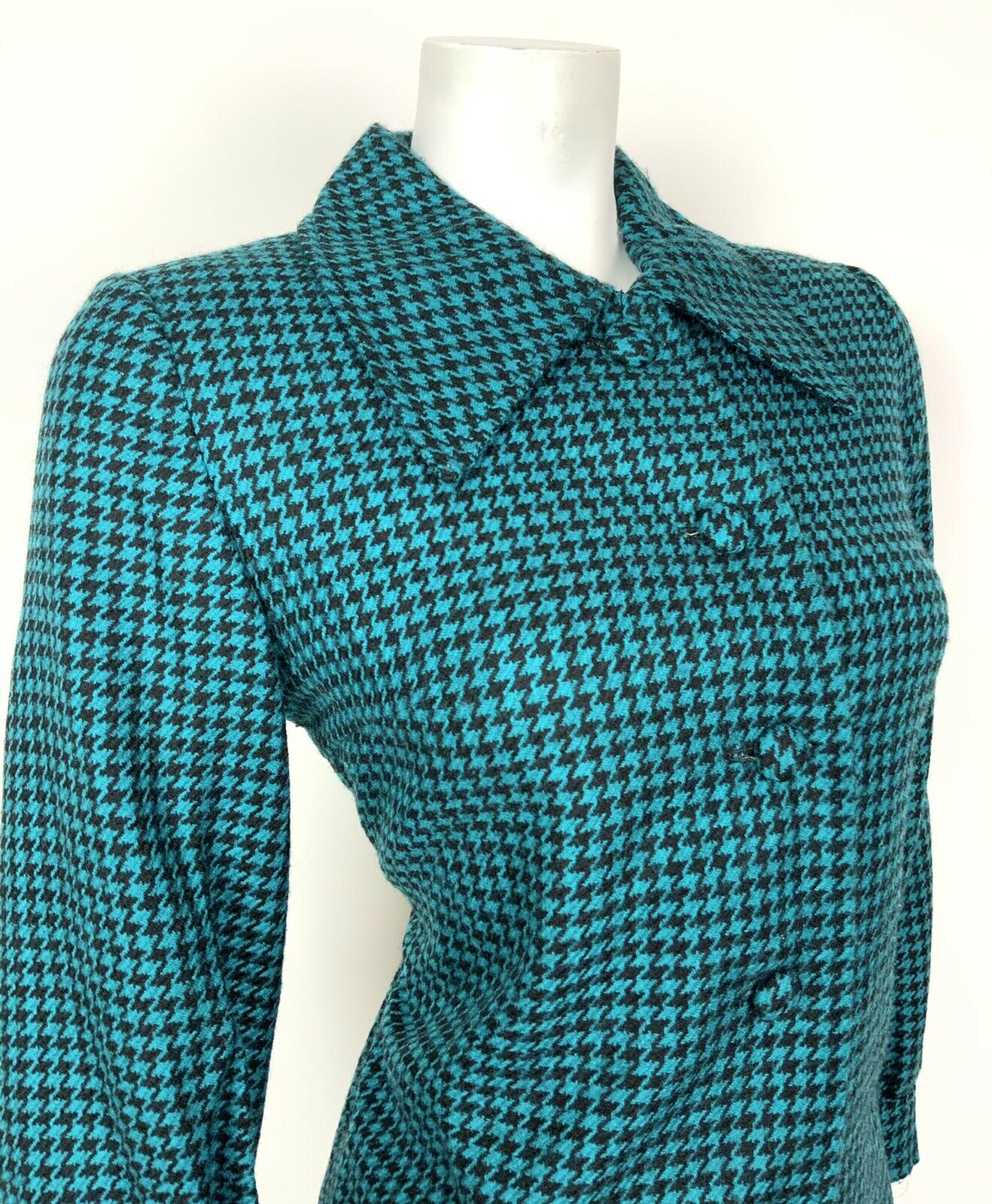 VTG 60s 70s PINE GREEN BLACK DOGTOOTH DAGGER COLLAR SHIRT SHIFT DRESS 8 10 12