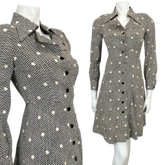 VINTAGE 60s 70s CREAM BLACK POLKA DOT ABSTRACT PRINT DAGGAR COLLAR MIDI DRESS 6