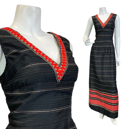 VINTAGE 60s 70s BLACK ORANGE GOLD DISCO STRIPED SLEEVELESS MAXI DRESS 10