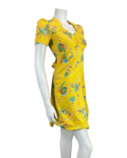 VINTAGE 60s YELLOW BLUE ORANGE FLORAL VINE MOD SUMMER MINI DRESS 8