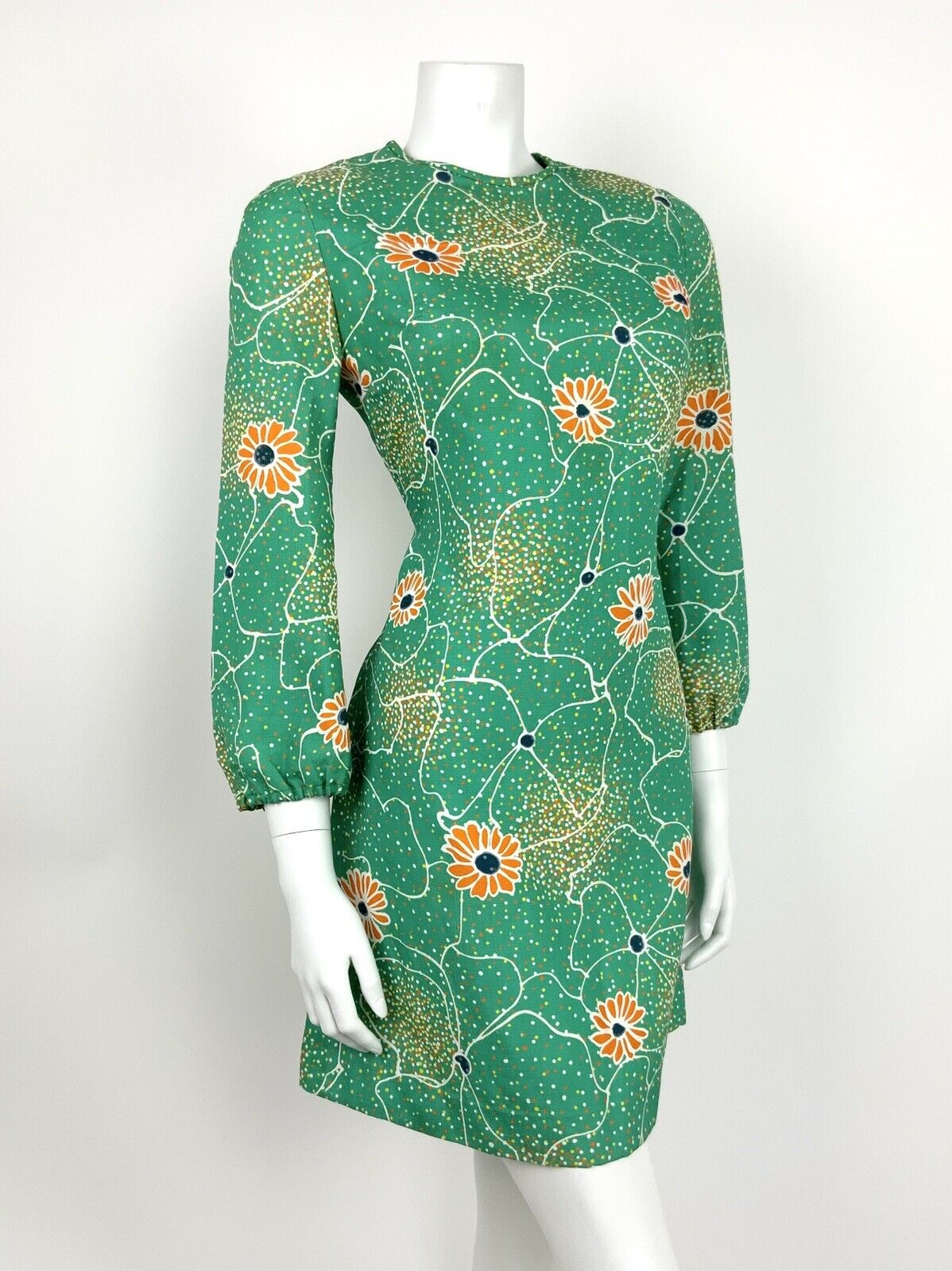 VTG 60s 70s GREEN ORANGE WHITE YELLOW ABSTRACT FLORAL DOTTY SHIFT DRESS 10 12