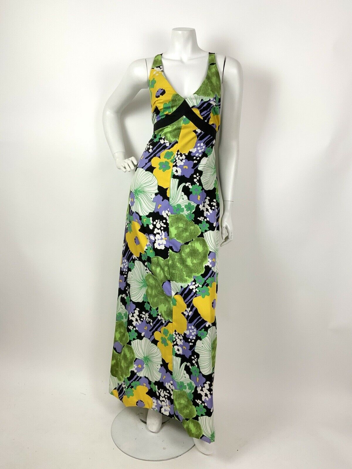 VINTAGE 60s 70s BLACK GREEN YELLOW LILAC FLORAL PSYCHEDELIC MAXI DRESS 10 12