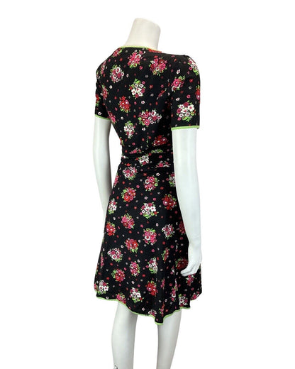 VINTAGE 60s 70s BLACK PINK RED GREEN FLORAL BOUQUET SUMMER PRAIRIE MOD DRESS 10