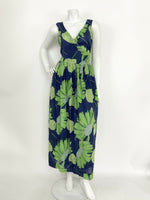 VTG 60s 70s NAVY BLUE LIME GREEN TEAL FLORAL LEAF GEOMETRIC WRAP MAXI DRESS 8