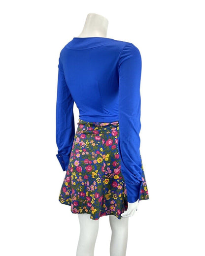 VINTAGE 60s 70s BLUE PINK YELLOW FLORAL VINE MOD LONGSLEEVE SHORT DRESS 10