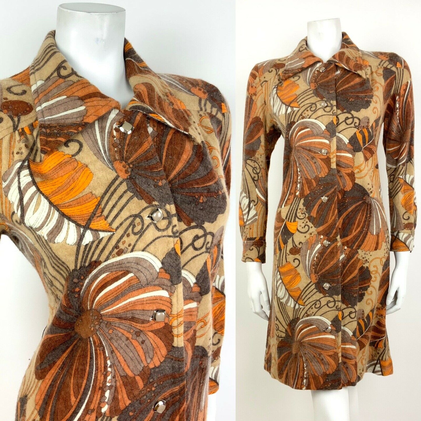 VINTAGE 60s 70s BROWN GREY ORANGE WHITE FLORAL PSYCHEDELIC SHIRT DRESS 14 16