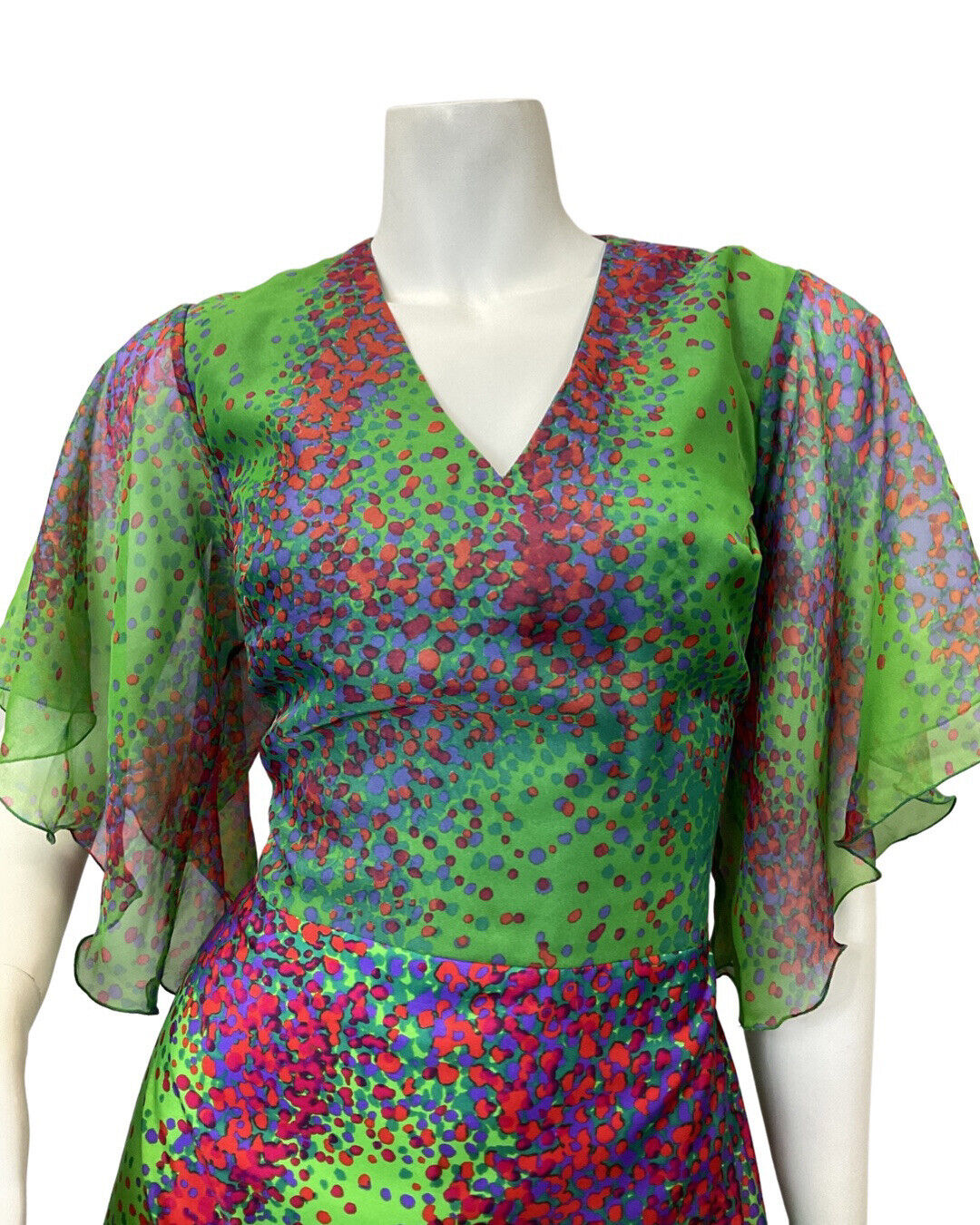 VINTAGE 60s 70s GREEN PINK BLUE PSYCHEDELIC DOTTY ANGEL SLEEVE MAXI DRESS 8 10