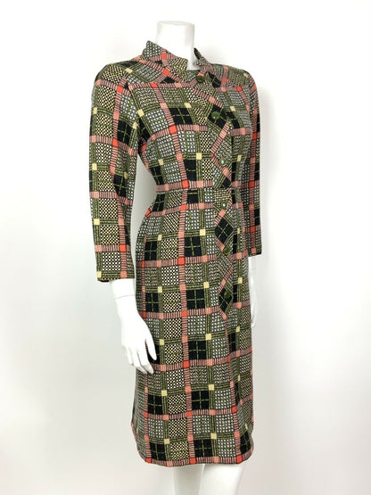 VINTAGE 60s 70s BLACK WHITE RED GREEN GEOMETRIC CHECKED MANDARIN DRESS 12 14