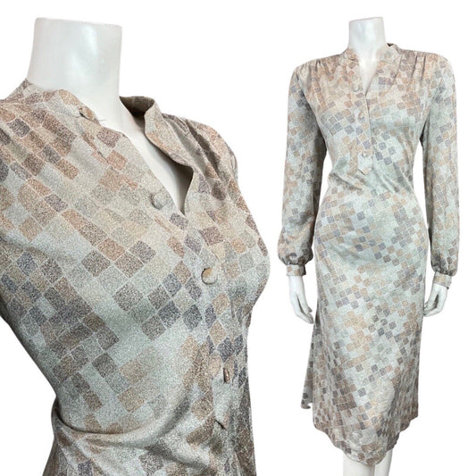 VINTAGE 60s 70s SILVER BROWN BLACK GEOMETRIC DISCO PARTY LUREX SHIRT DRESS 14 16