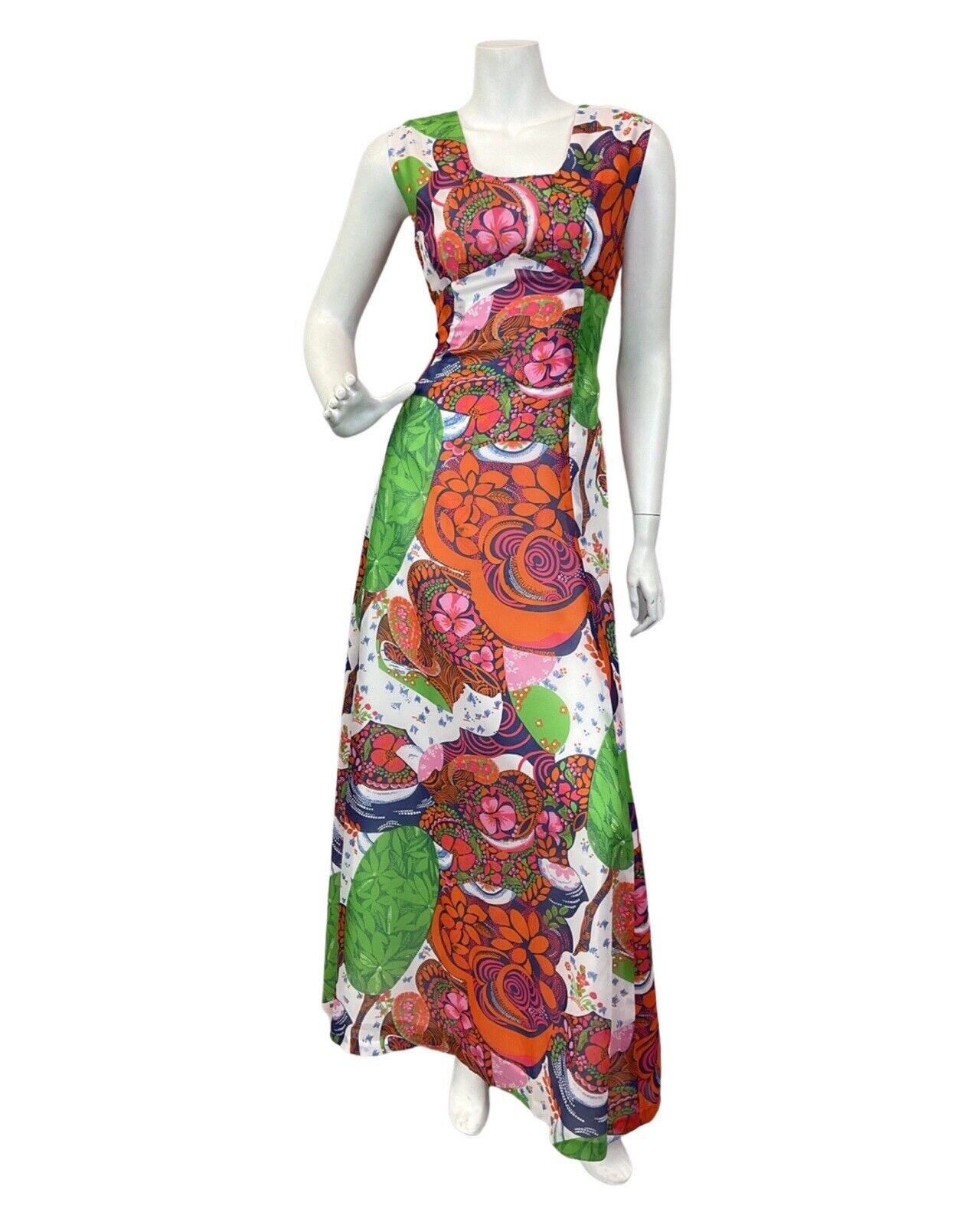 VTG 60s 70s ORANGE BLUE WHITE PSYCHEDELIC FLORAL LEAFY SLEEVELESS MAXI DRESS 12