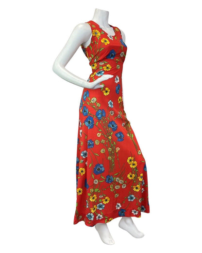 VINTAGE 60s 70s RED BLUE YELLOW FLORAL POPPY SLEEVELESS MOD MAXI DRESS 8