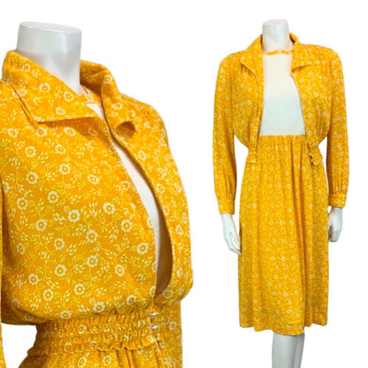 VTG MUSTARD YELLOW WHITE FLORAL PRINT TWO PIECE JACKET DRESS 60s 70s 10