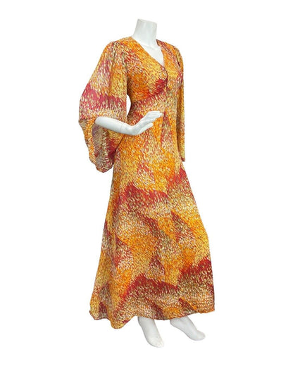 VINTAGE 60s 70s ORANGE GOLD RED PSYCHEDELIC DASH ANGEL SLEEVE MAXI DRESS 10