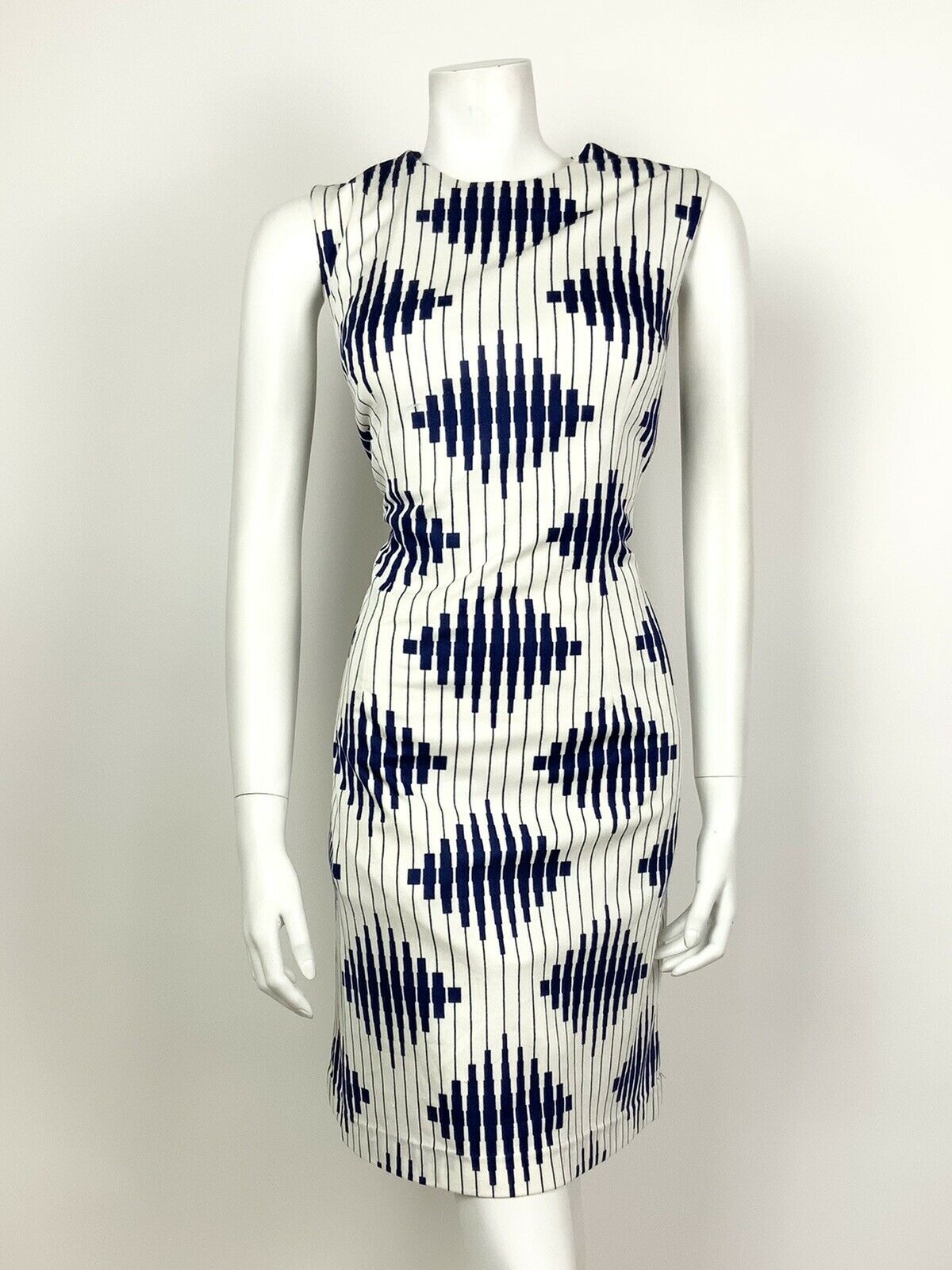 VINTAGE 60s 70s WHITE NAVY BLUE STRIPED DIAMOND GEOMETRIC WIGGLE DRESS 12 14