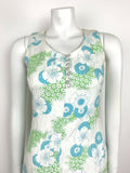 VTG 60s 70s WHITE BLUE GREEN EMBOSSED PSYCHEDELIC FLORAL SUMMER MINI DRESS 6 8