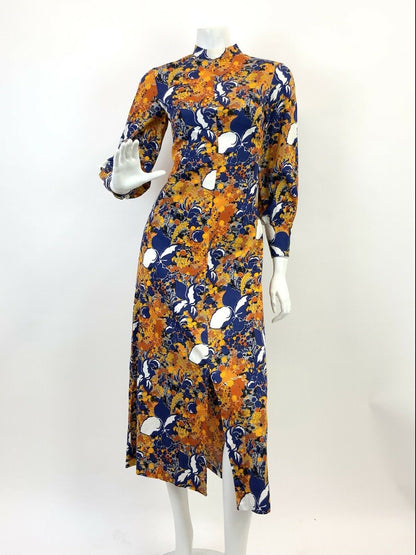 VINTAGE 60s 70s BLUE ORANGE YELLOW PSYCHEDELIC FLORAL DOTTY MOD MIDI DRESS 8