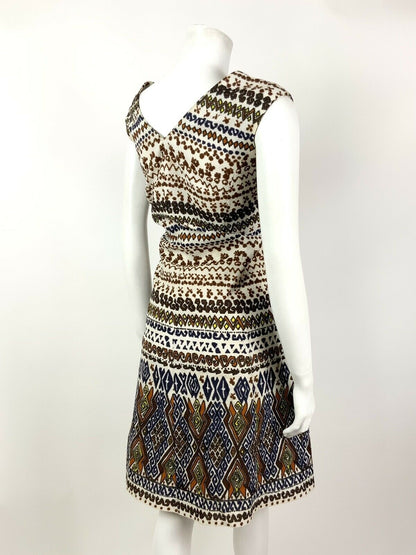 VINTAGE 60s 70s WHITE BROWN BLUE ORANGE GEOMETRIC AZTEC SLEEVELESS DRESS 14 16