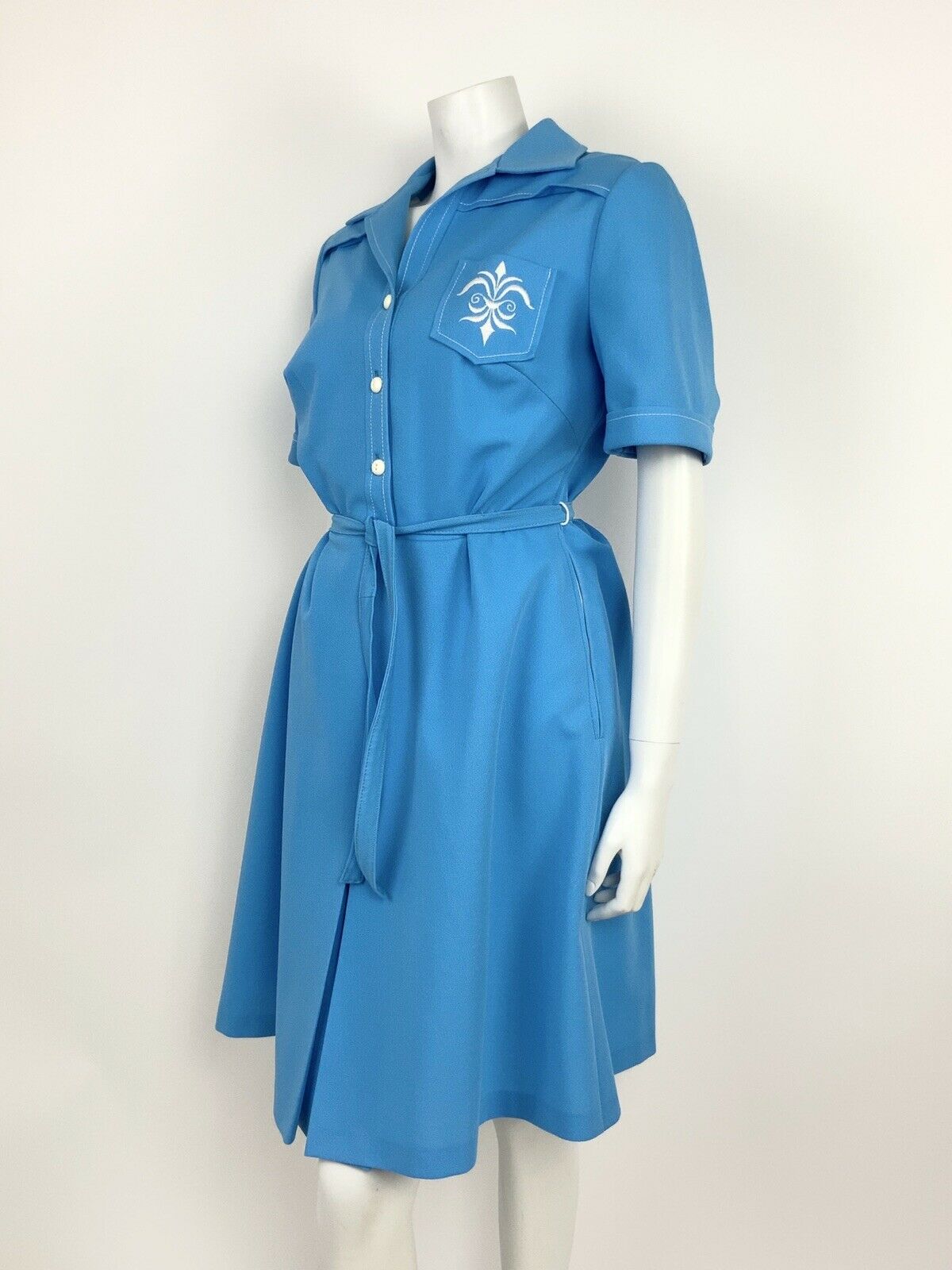 VINTAGE 60s 70s BLUE WHITE FLEUR DE LIS SHIRT WAIST BELTED DRESS SUMMER 14 16