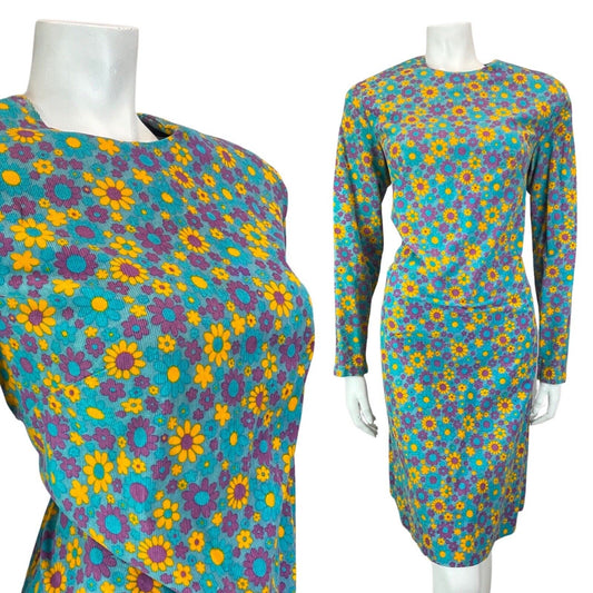 VINTAGE 60s 70s BLUE YELLOW PURPLE DAISY FLOWER POWER MOD CORDUROY DRESS 12 14