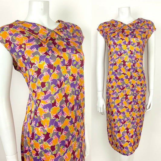 VTG 60s PINK PURPLE RED SILVER YELLOW ABSTRACT FLORAL SHIFT DRESS 14 16 18