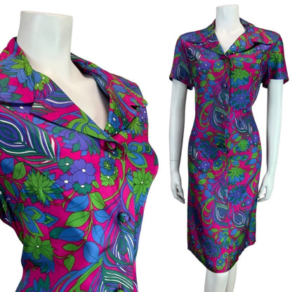 VINTAGE 60s 70s PURPLE BLUE GREEN PSYCHEDELIC BIG COLLAR MIDI SHIRT DRESS 16