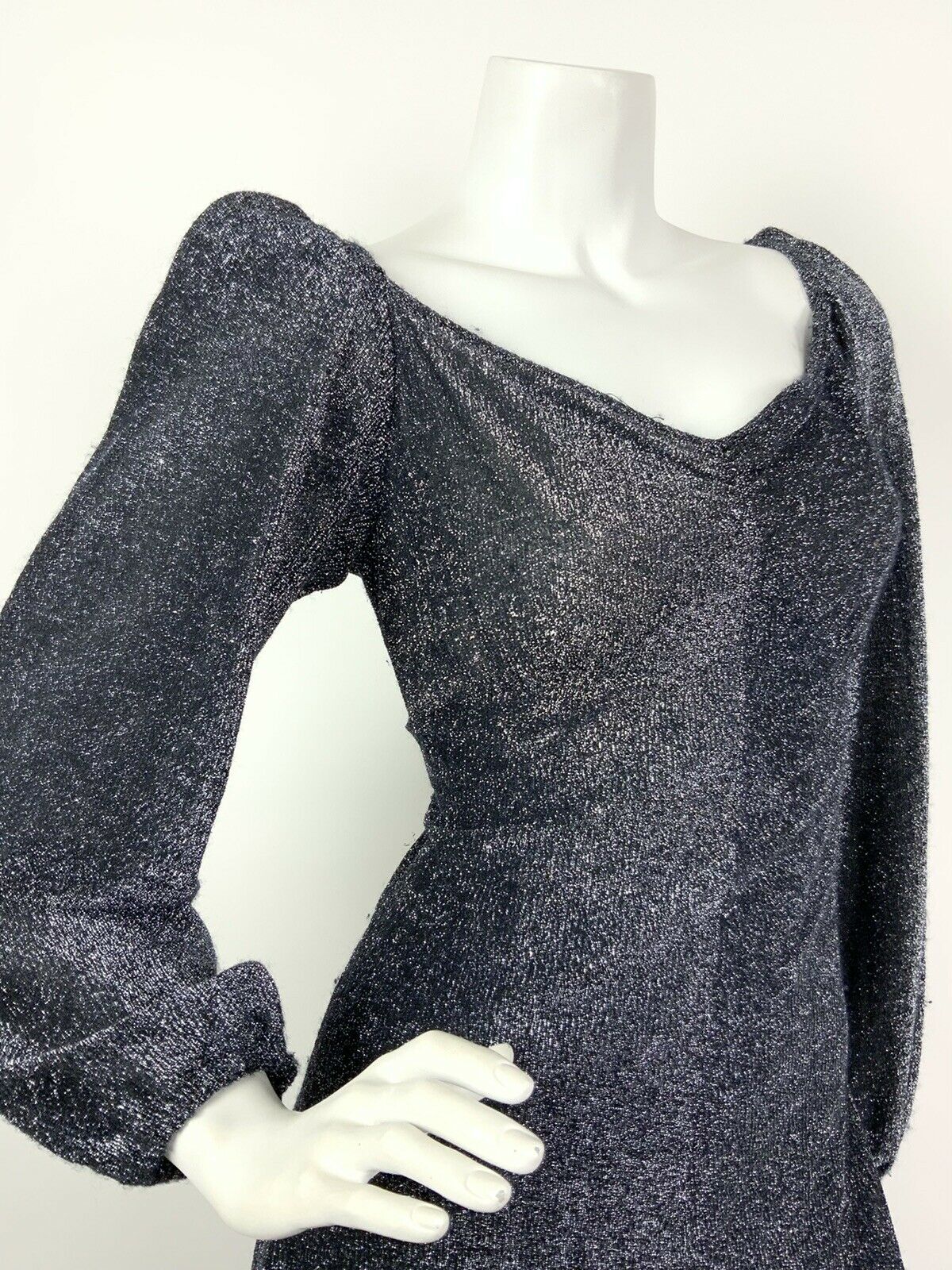 VTG 60s 70s BLACK SILVER GLITTER LUREX SWEETHEART DISCO GLAM MAXI DRESS 10