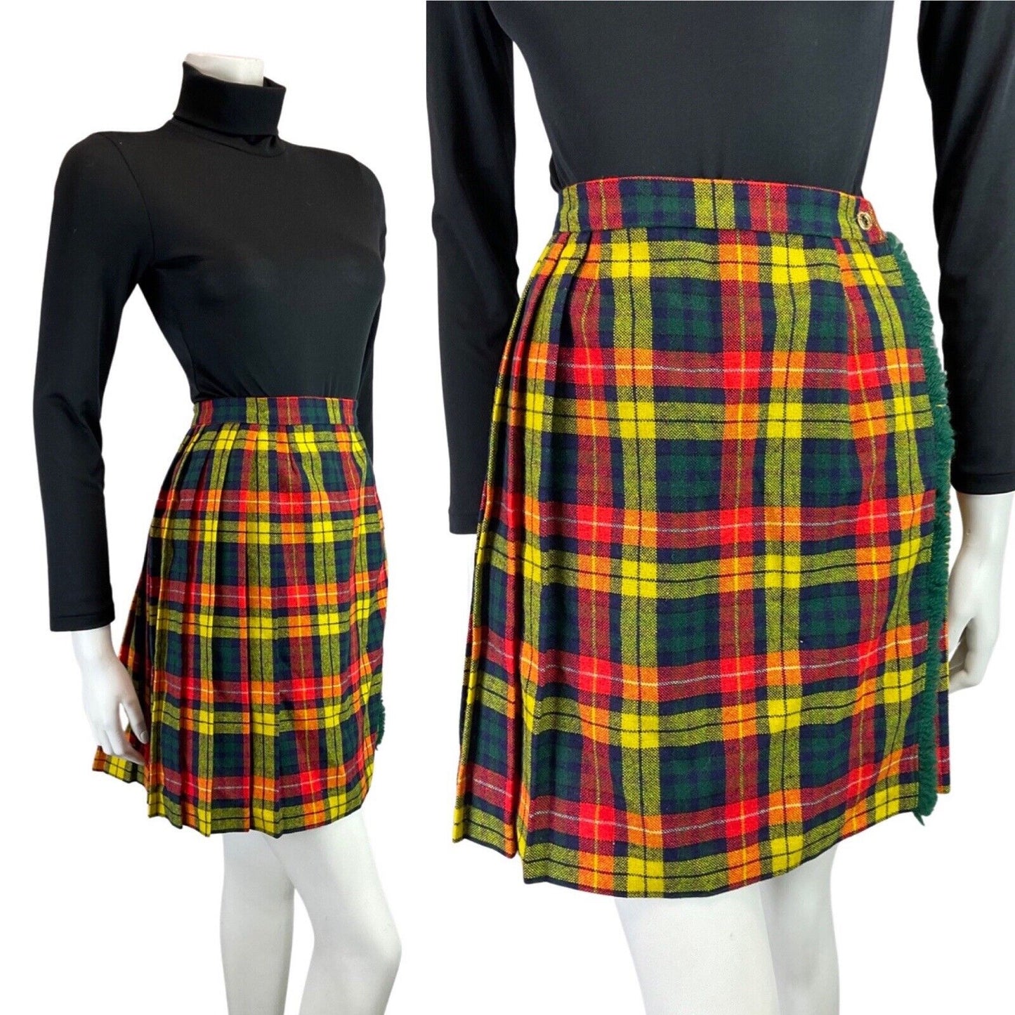 VINTAGE 60s 70s GREEN YELLOW RED TARTAN MOD TASSELED WOOL KILT SKIRT 8