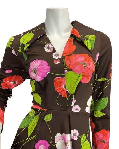 VINTAGE 60s 70s BROWN PINK GREEN FLORAL DAGGER COLLAR SHIRT MAXI DRESS 10