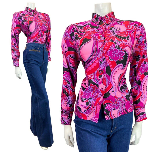 VINTAGE 60s 70s PURPLE PINK RED PSYCHEDELIC PAISLEY FLORAL MOD BLOUSE 14 16