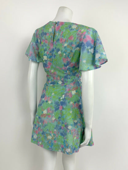 VINTAGE 60s 70s BLUE WHITE PINK GREEN FLORAL FLUTTER SLEEVE CAPE DRESS 12